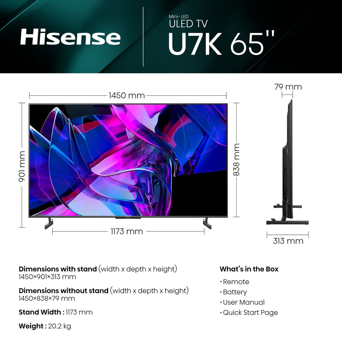 Hisense 65” U7K 144Hz 4K Smart Mini LED ULED TV with Quantum Dot HDR10+