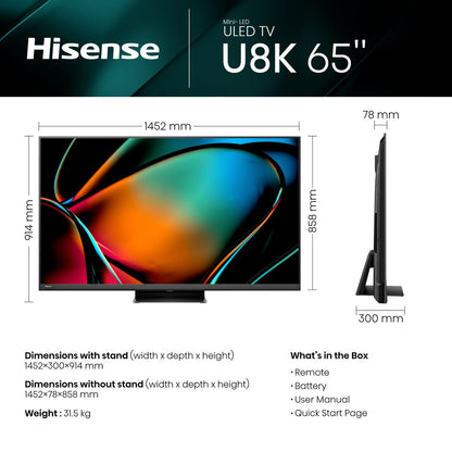 Hisense 65” U8K 144Hz 4K Smart Mini-LED Pro ULED TV with Quantum Dot & HDR